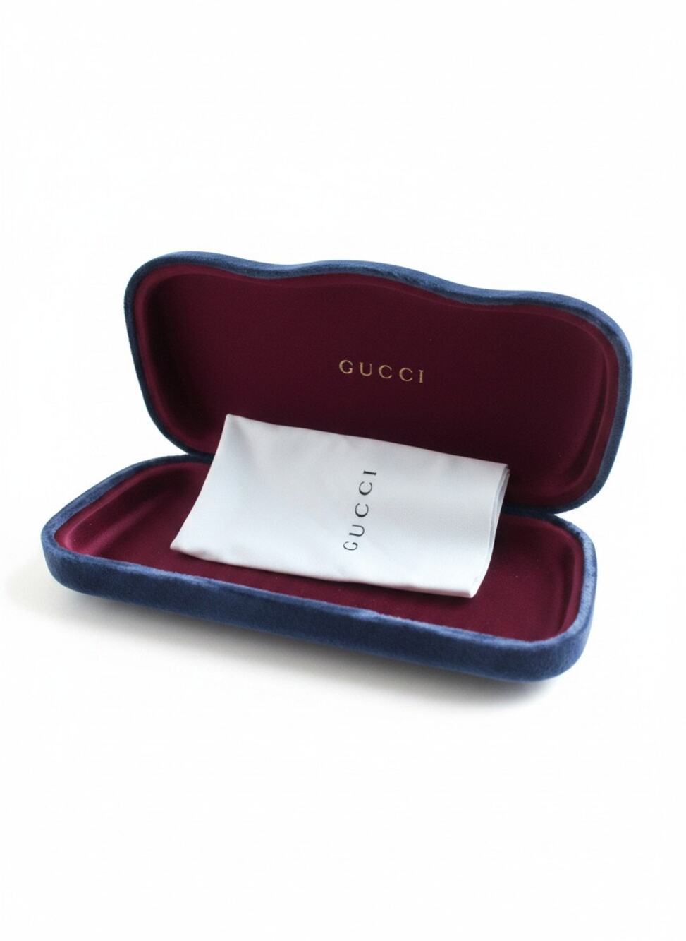 Gucci Blue Velvet Eyeglasses Sunglasses Case Red Interior Dust Bag